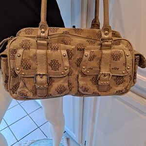 Lexi Bloom Elegant Floral Patterned Tan Shoulder Bag Canvas W/Vegan Leather Trim